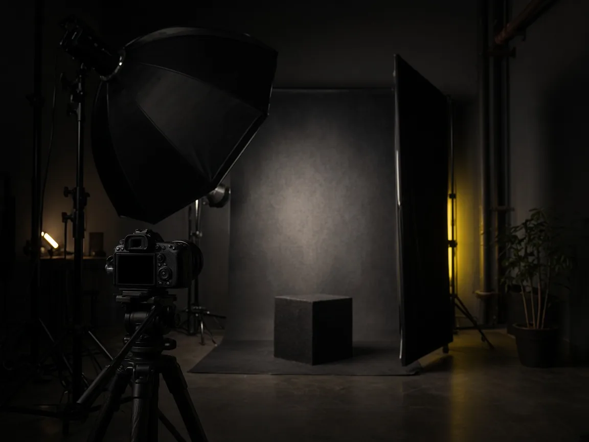Professional photography studio in Bangalore with camera on tripod, octagonal softbox and lit set for brand and product shoots