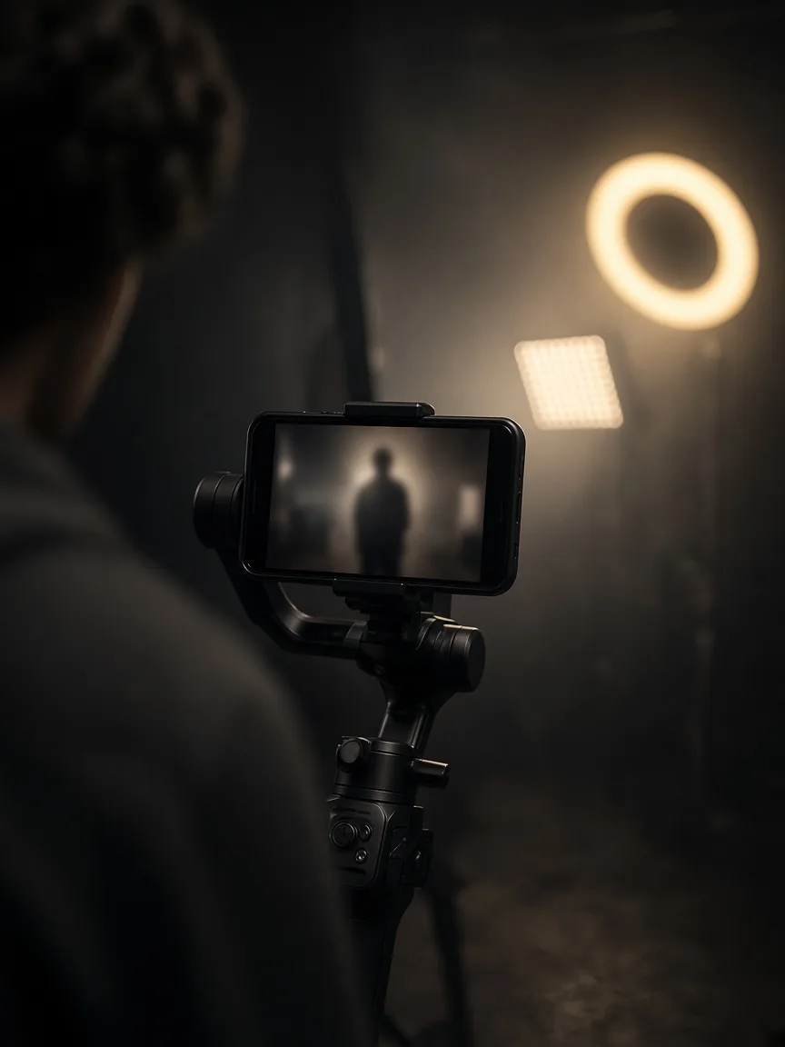 Behind the scenes of a reel and short-form video shoot with a smartphone on a gimbal, ring light and LED panel