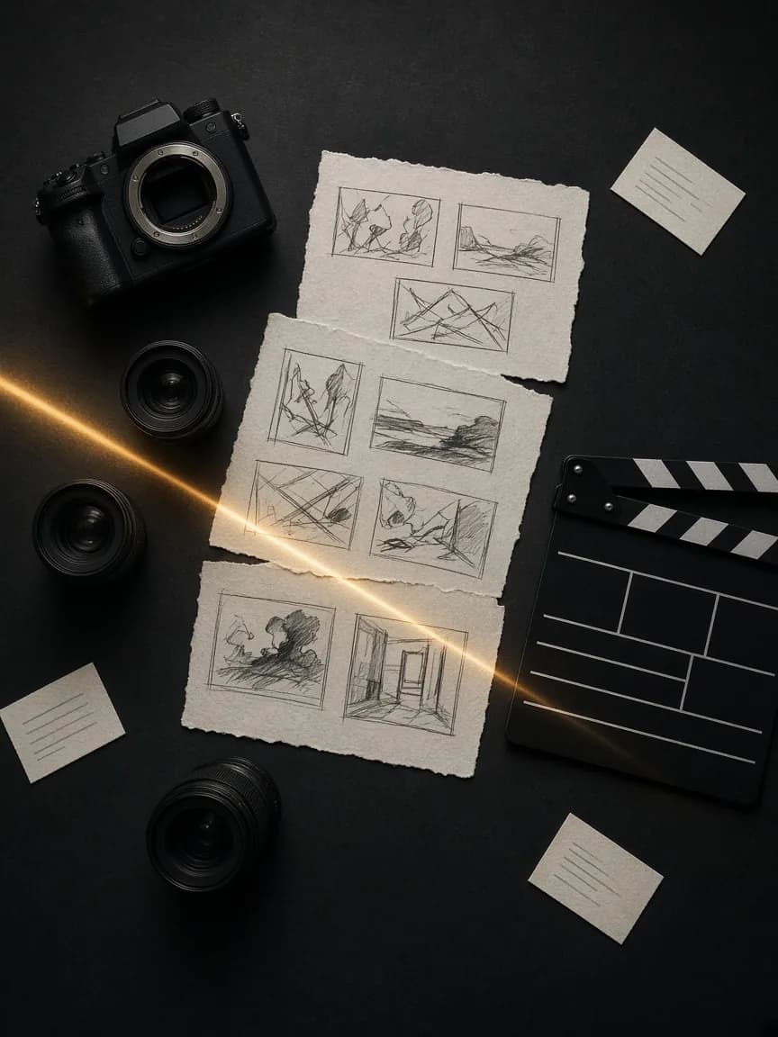 Top-down flat-lay of a camera body, lenses, hand-drawn storyboard frames, clapperboard and shot-list cards for planning a photo and video shoot